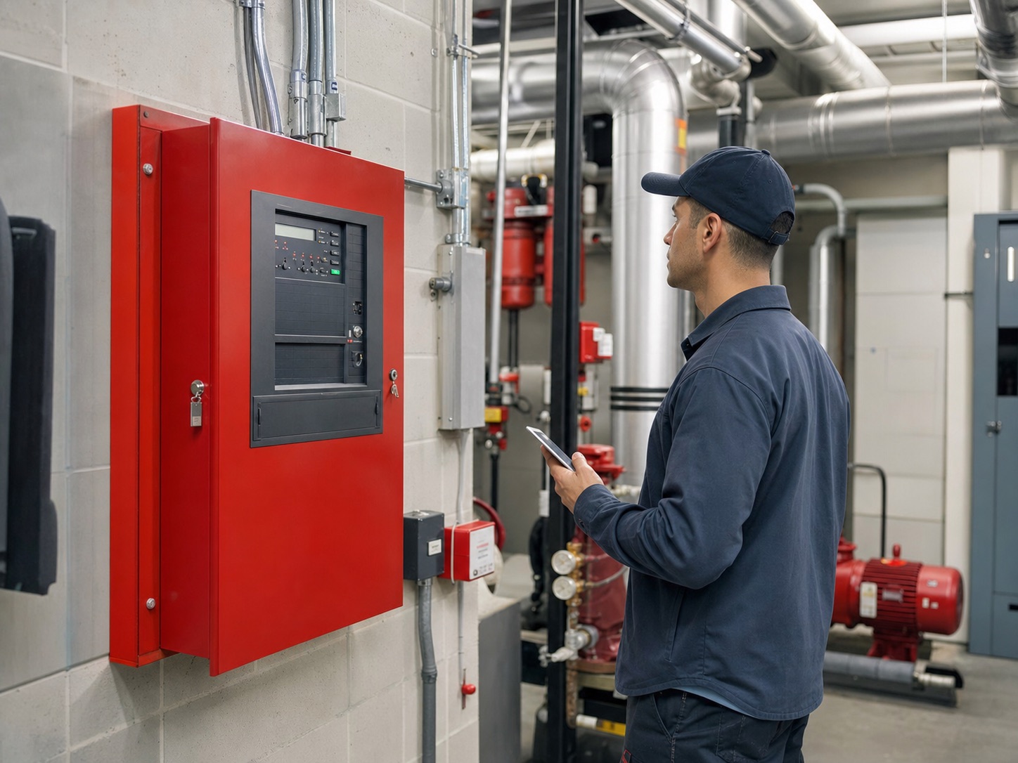 Technician inspecting a fire safety control system in a federal facility